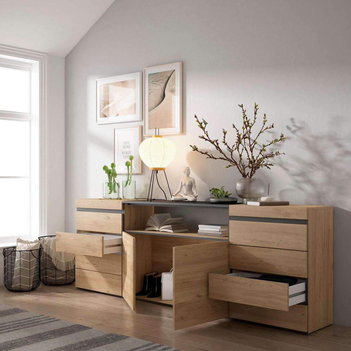 KOMMODE mit Schubladen, Sideboard Schrank, eiche, 214/35/75cm - Eichefarben/Beige, Holzwerkstoff (214/75/35cm) - Skraut Home