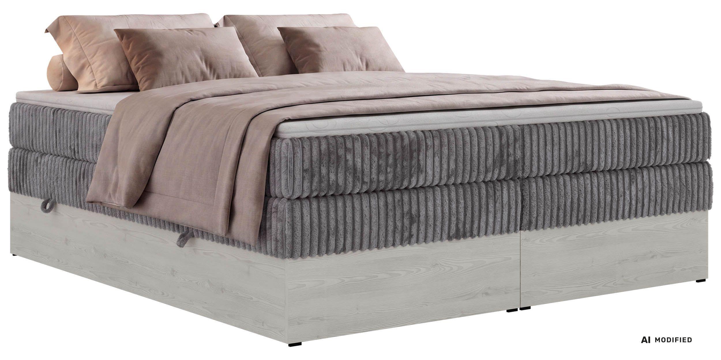 BOXSPRINGBETT NORDIC ZERO KING 180/200 - Grau Cord - Topper Visco - H4 - Schwarz/Grau, Kunststoff/Textil (180/200cm) - MKS