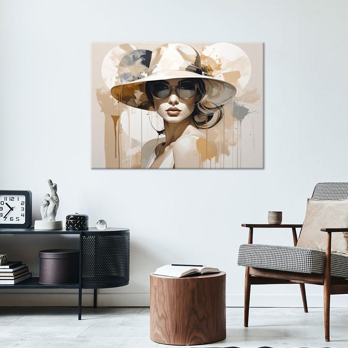 BILD auf Leinwand, Frau mit Hut im beigen Boho Stil - Beige, Textil (90/60cm) - Feeby