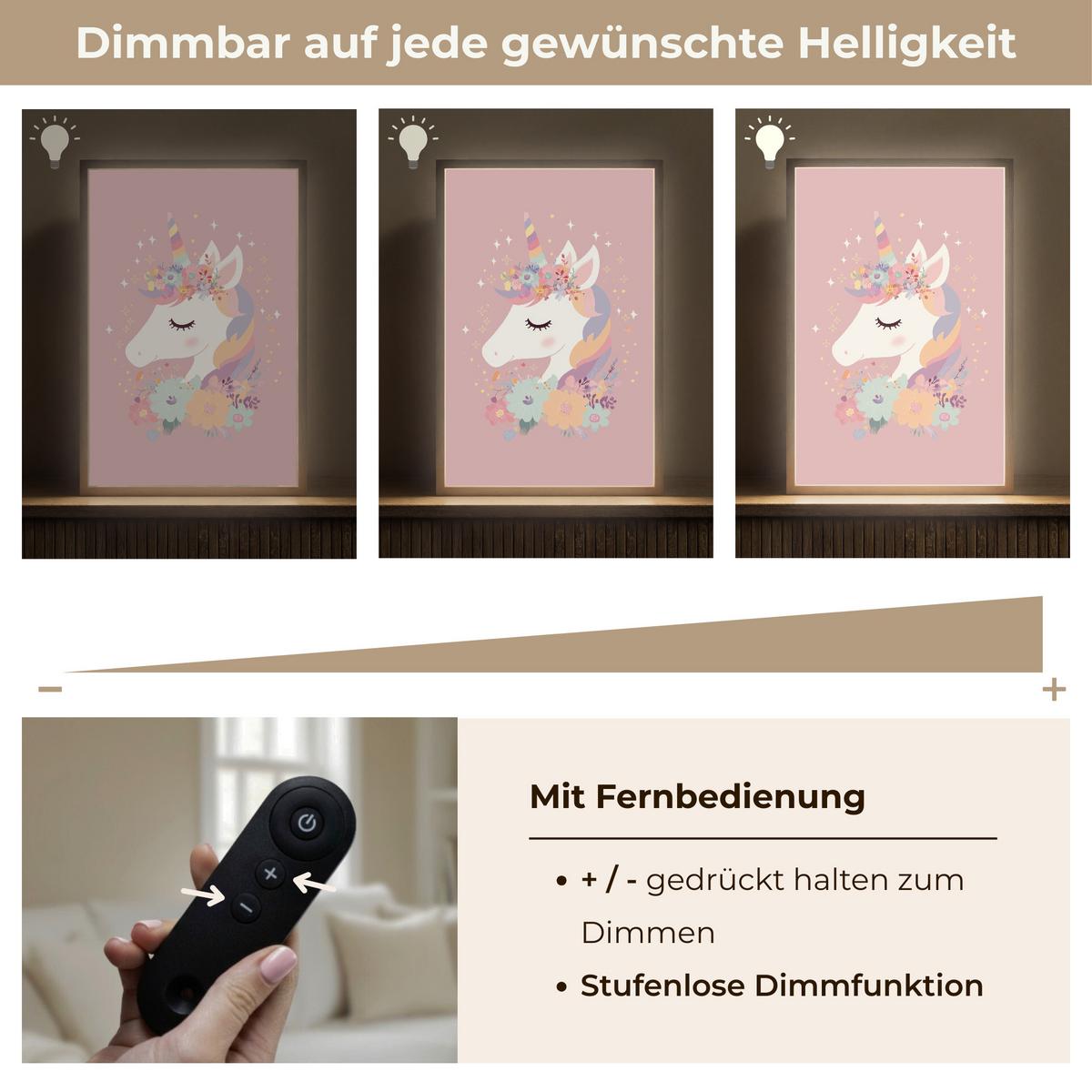 WANDLEUCHTE MIT AKKU Einhorn - Rosa - Blumen 40x60 cm - Rosa, Holzwerkstoff (40/60/8cm) - OnlyWow
