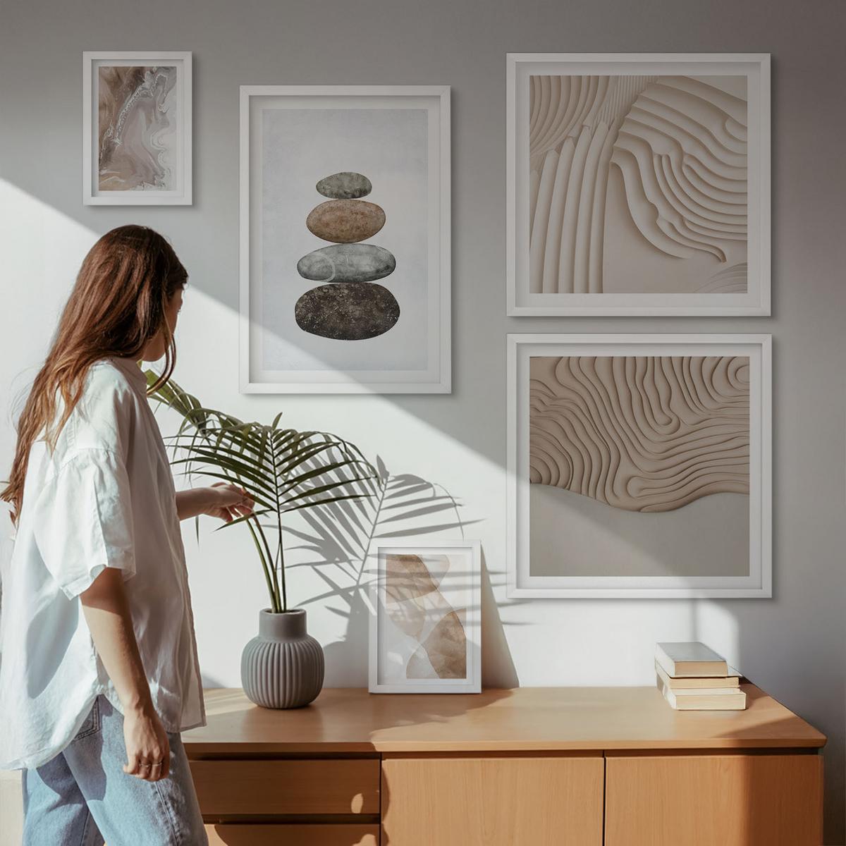 BILDER SET 5er Set - 50x50 cm & 20x30 cm & 40x60 cm Weißer Rahmen - Abstrakte bemalte Strukturen - Weiß, Kunststoff (40/60cm) - TULUP