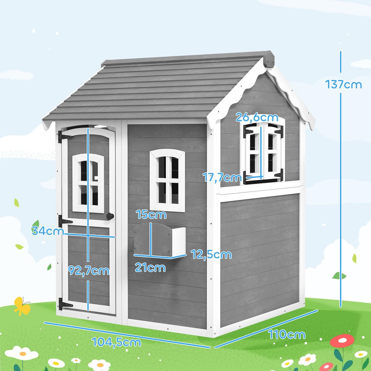 SPIELHAUS für Kinder, Indoor- und Outdoor-Haus mit Tür, Fenstern, Grau - Grau, Holz (104.5/137/110cm) - Outsunny