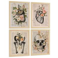 POSTER Set aus 4 Anatomie Mensch Botanische Drucke und mit Organen Herz Verdauungssystem Schädel und Becken Heimdekoration Leichter Holzrahmen A4 - Beige, Papier (21/29.7/3cm) - Nacnic