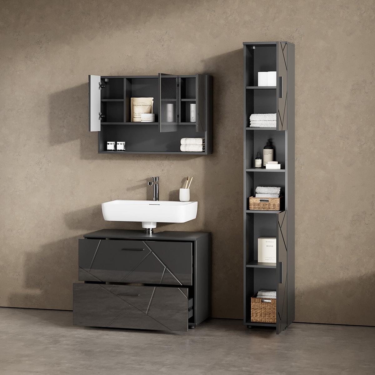 BADMÖBEL-SET Ronco Anthrazit Hochglanz 2 Teile, Unterschrank 80 cm - Schwarz Hochglanz, Holzwerkstoff (41/80/58cm) - Livinity®