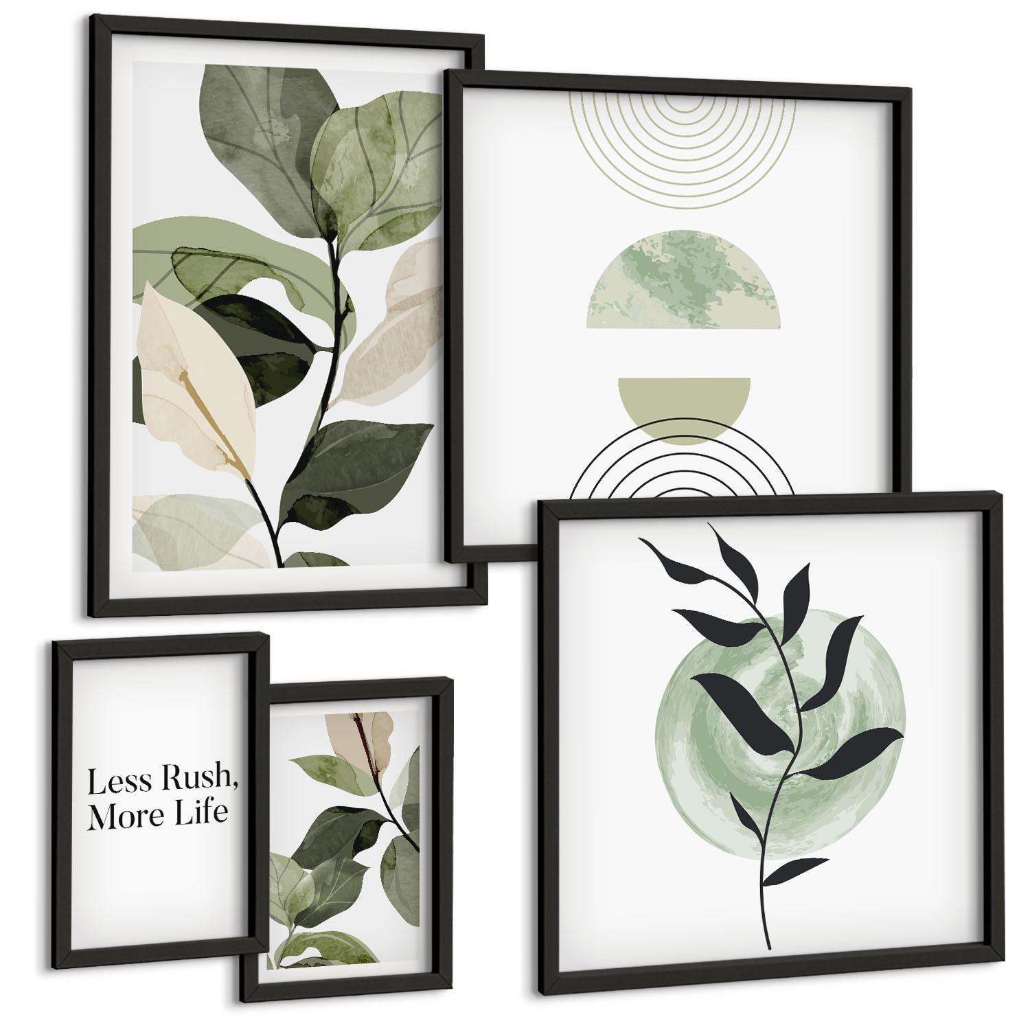 BILDER SET 5er Set - 50x50 cm & 20x30 cm & 40x60 cm Schwarzer Rahmen - Geometrische Pflanzenformen - Schwarz, Kunststoff (40/60cm) - TULUP