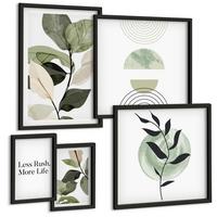 BILDER SET 5er Set - 50x50 cm & 20x30 cm & 40x60 cm Schwarzer Rahmen - Geometrische Pflanzenformen - Schwarz, Kunststoff (40/60cm) - TULUP