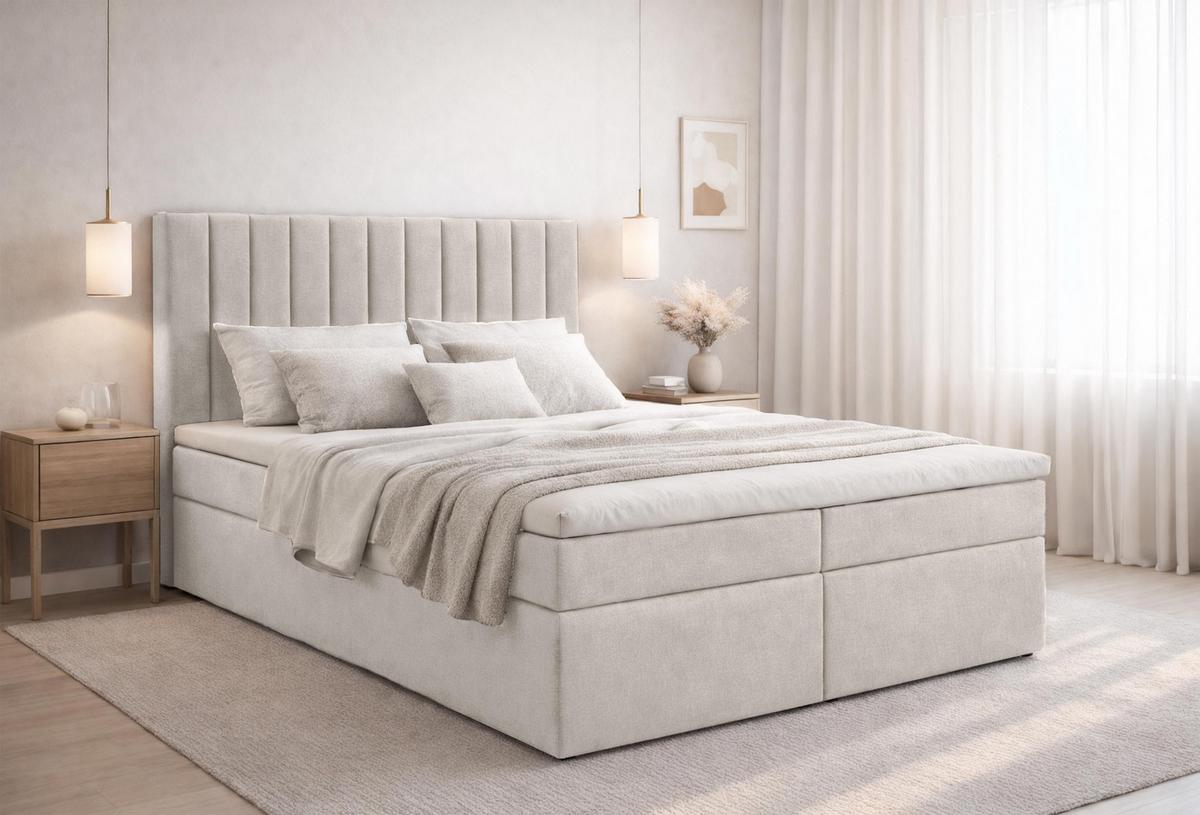 BOXBETT BURSA 140x200 cm mit Bettkasten und Matratze - Beige + TOPPER - Beige/Schwarz, Holz/Holzwerkstoff (140/200cm) - AX Living