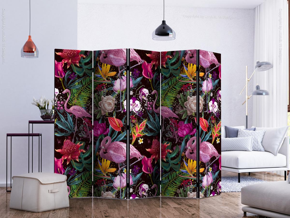 PARAVENT 5-tlg 225x172 cm Flamingos und Exotische Blumen - Multicolor, Holz/Textil (225/172/3cm) - Muralo