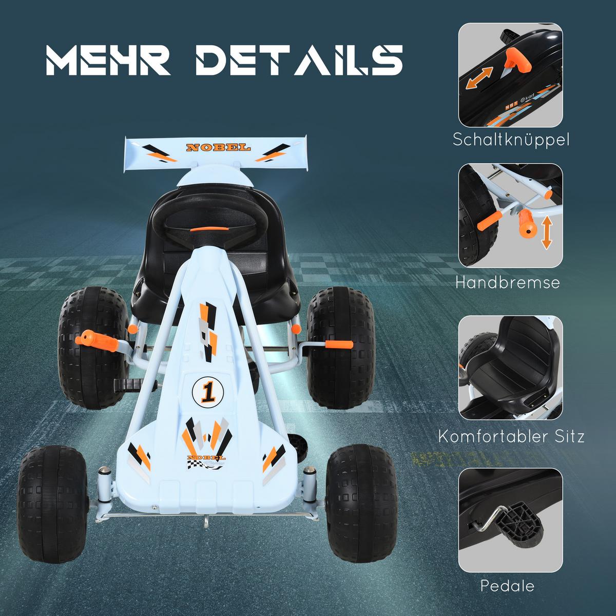 GO Kart Mit Pedal Kinderfahrzeug Tretauto mit Pedal ab 3 Jahre Stahl Hellblau - Hellblau, Metall (97/66/59cm) - HOMCOM