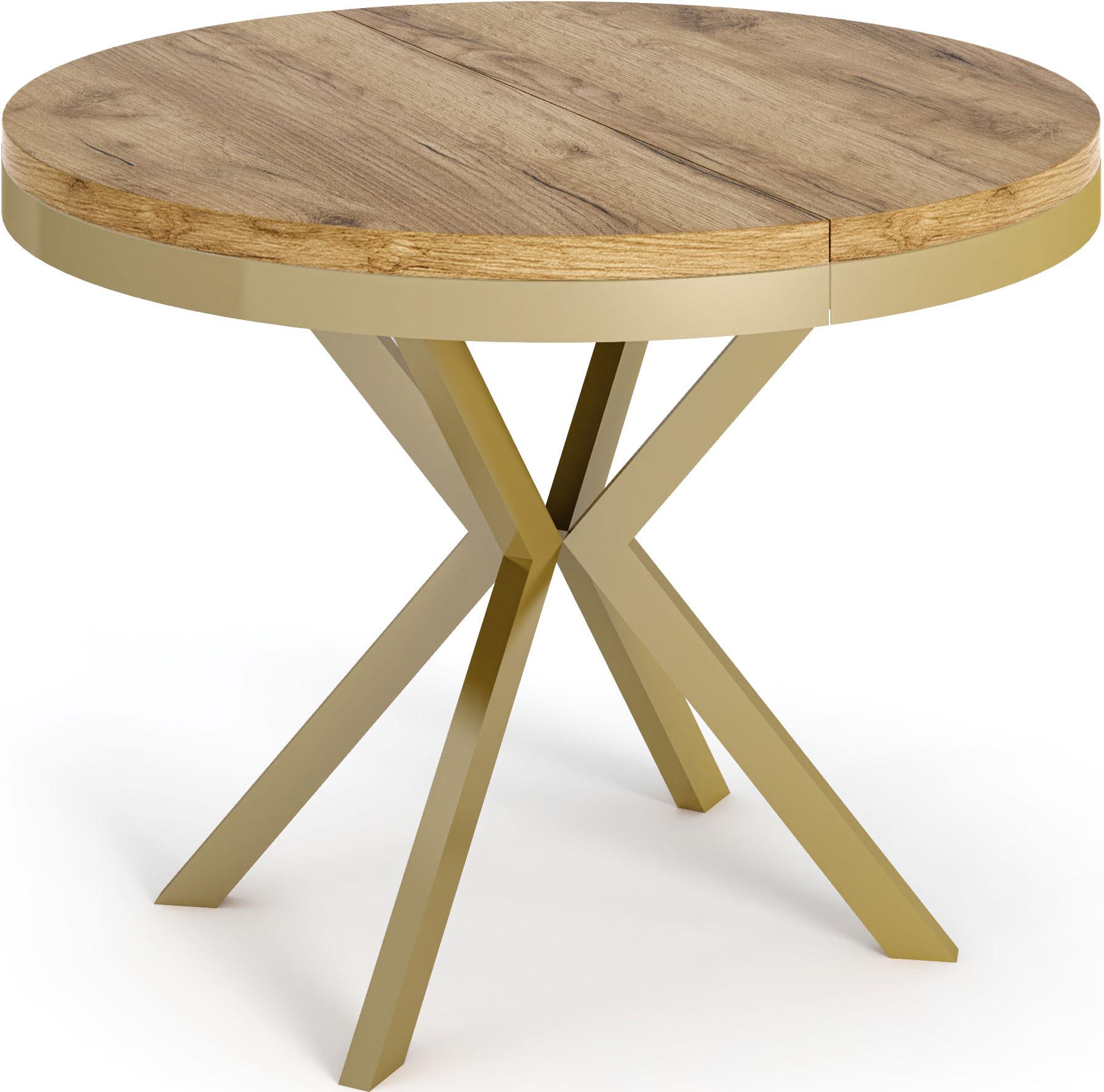 ESSTISCH Dina runder ausziehbarer, Craft Eiche 90-170/90/76 cm - Eiche Wotan/Goldfarben, Holzwerkstoff/Metall (90/200/76cm) - WFL GROUP