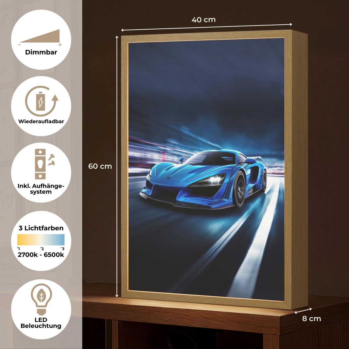 WANDLEUCHTE MIT AKKU Auto - Blau - Jungen - Kind 40x60 cm - Blau, Holzwerkstoff (40/60/8cm) - OnlyWow