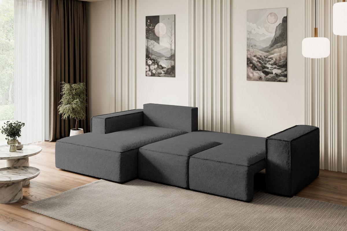 ECKSOFA mit Schlaffunktion und Bettkasten SERRA-L-S - 266x161x87 cm Grau Bouclé - Schwarz/Grau, Holzwerkstoff/Kunststoff (266/161cm) - ALTDECOR