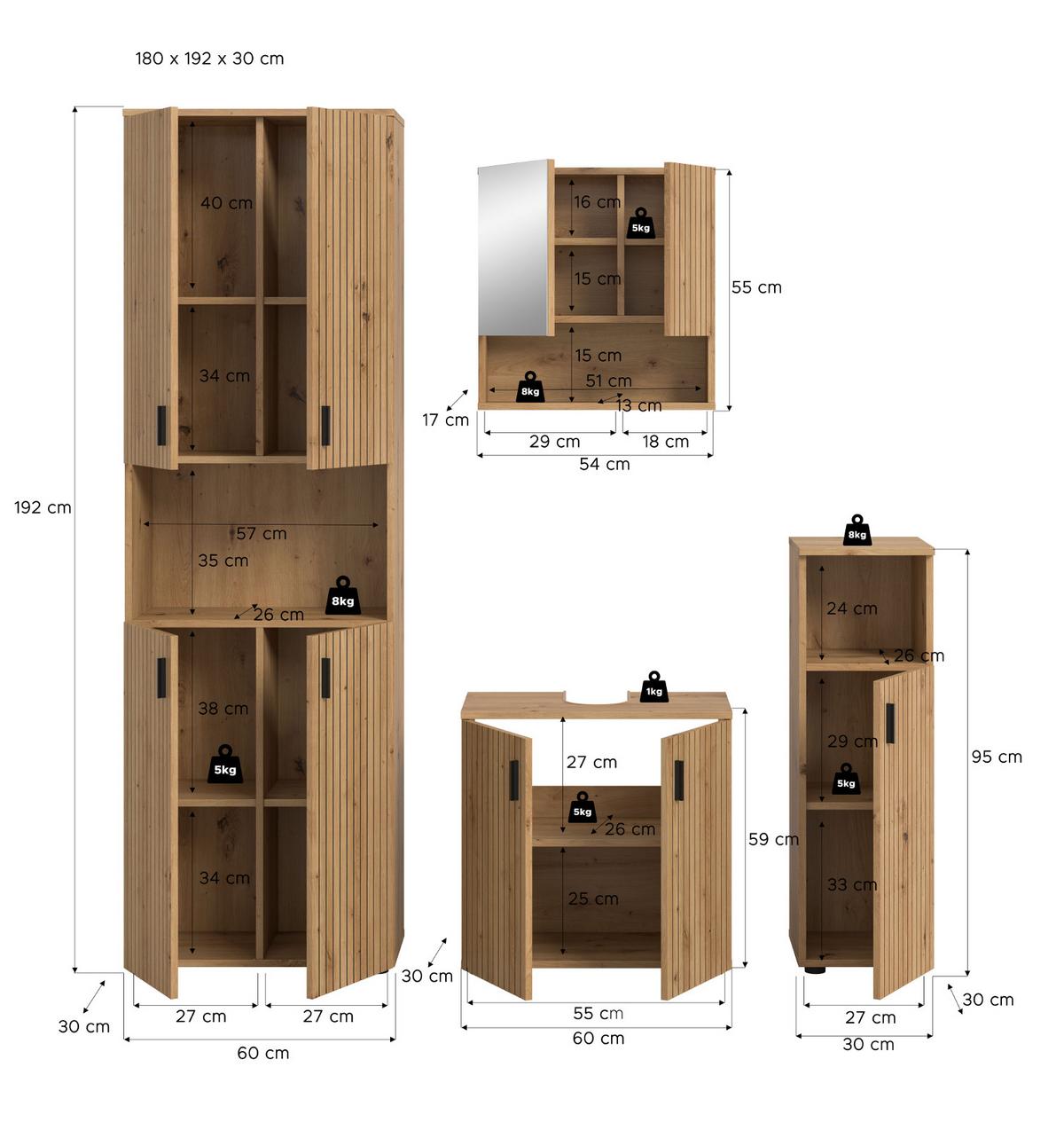 BADMÖBEL-SET Eiche Artisan 4-teilig 180 cm, Badkombination mit viel Stauraum - Schwarz/Eiche Artisan, Glas/Holzwerkstoff (180/192/30cm) - Inn.Furn