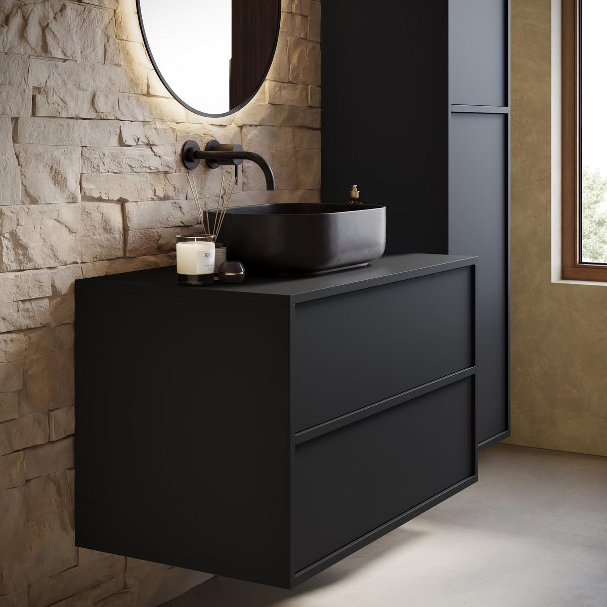 BADMÖBEL-SET Mali 80 cm Schwarz Matt - mit Hochschrank - 80 x 46 x 54 cm - Schwarz, Holz (60/54/46cm) - Badplaats