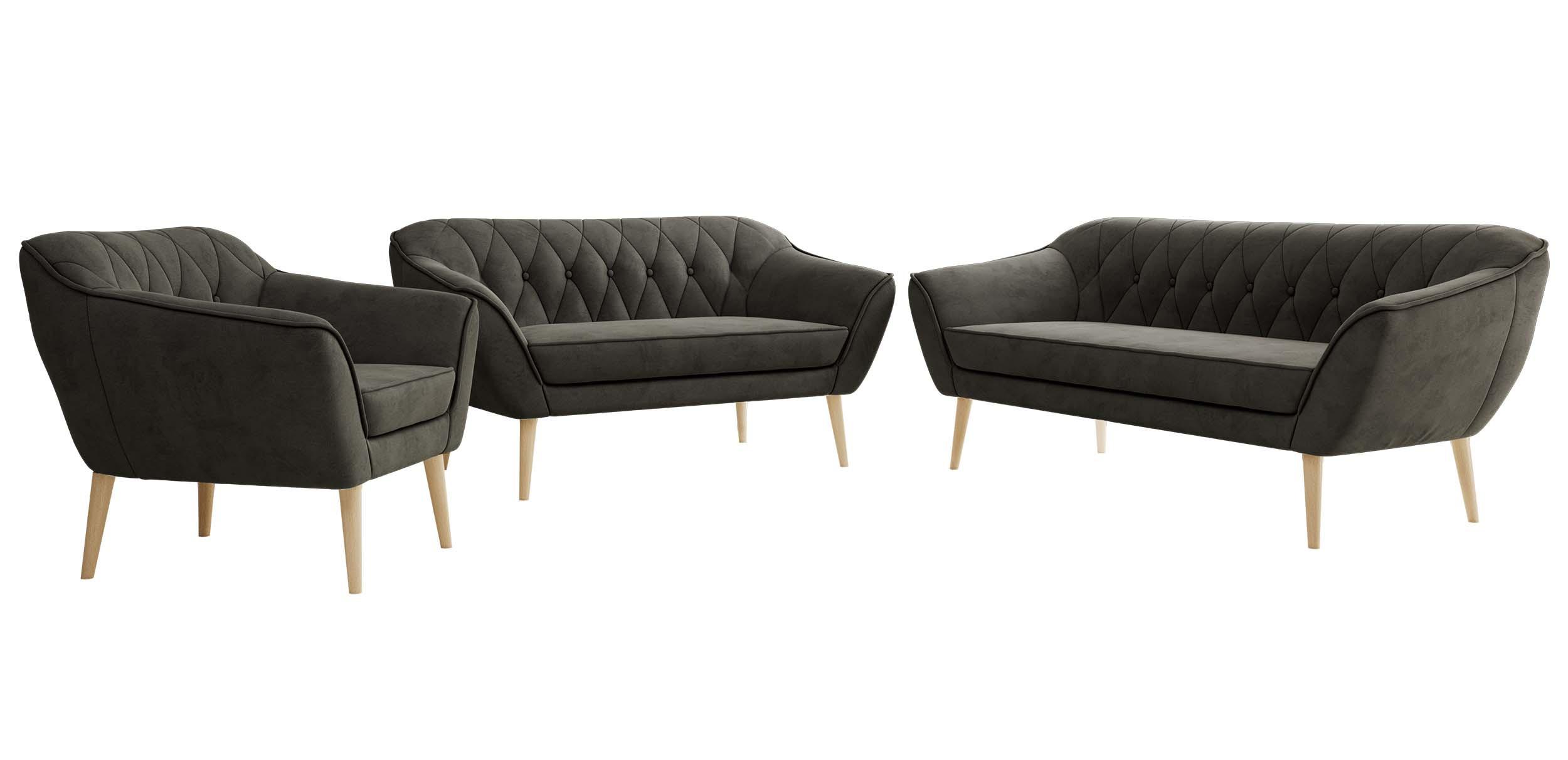SITZGARNITUR PIRS 3+2+1 - Dunkelgrau Velvet - Holzbeine - Dunkelgrau/Buchefarben, Holzwerkstoff/Textil (180/75/74cm) - MKS