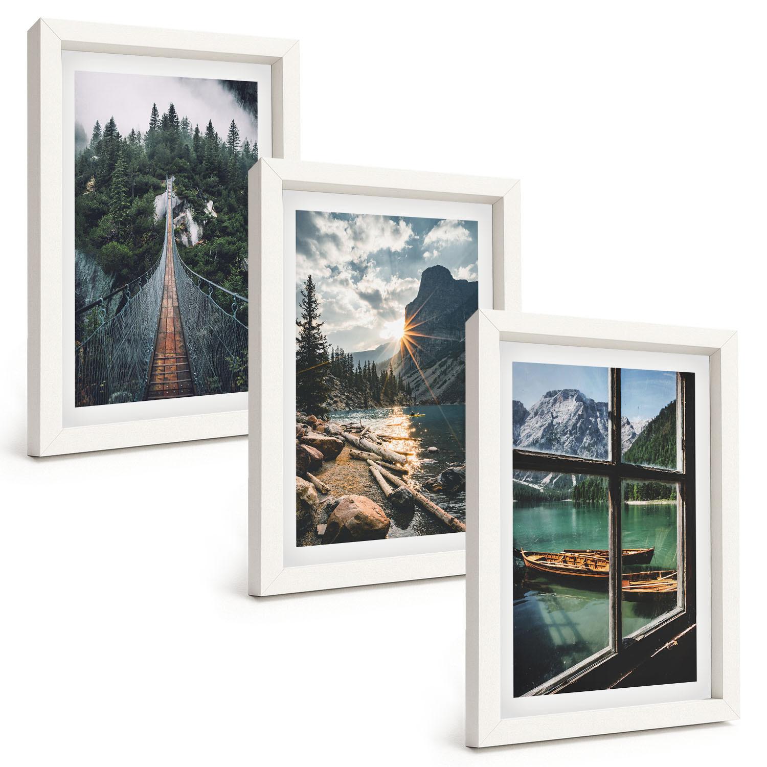 BILDER SET 3er Set - 20x30 cm Weißer Rahmen - Brücke, Wald, See, Boote, Berge - Weiß, Kunststoff (20/30cm) - TULUP