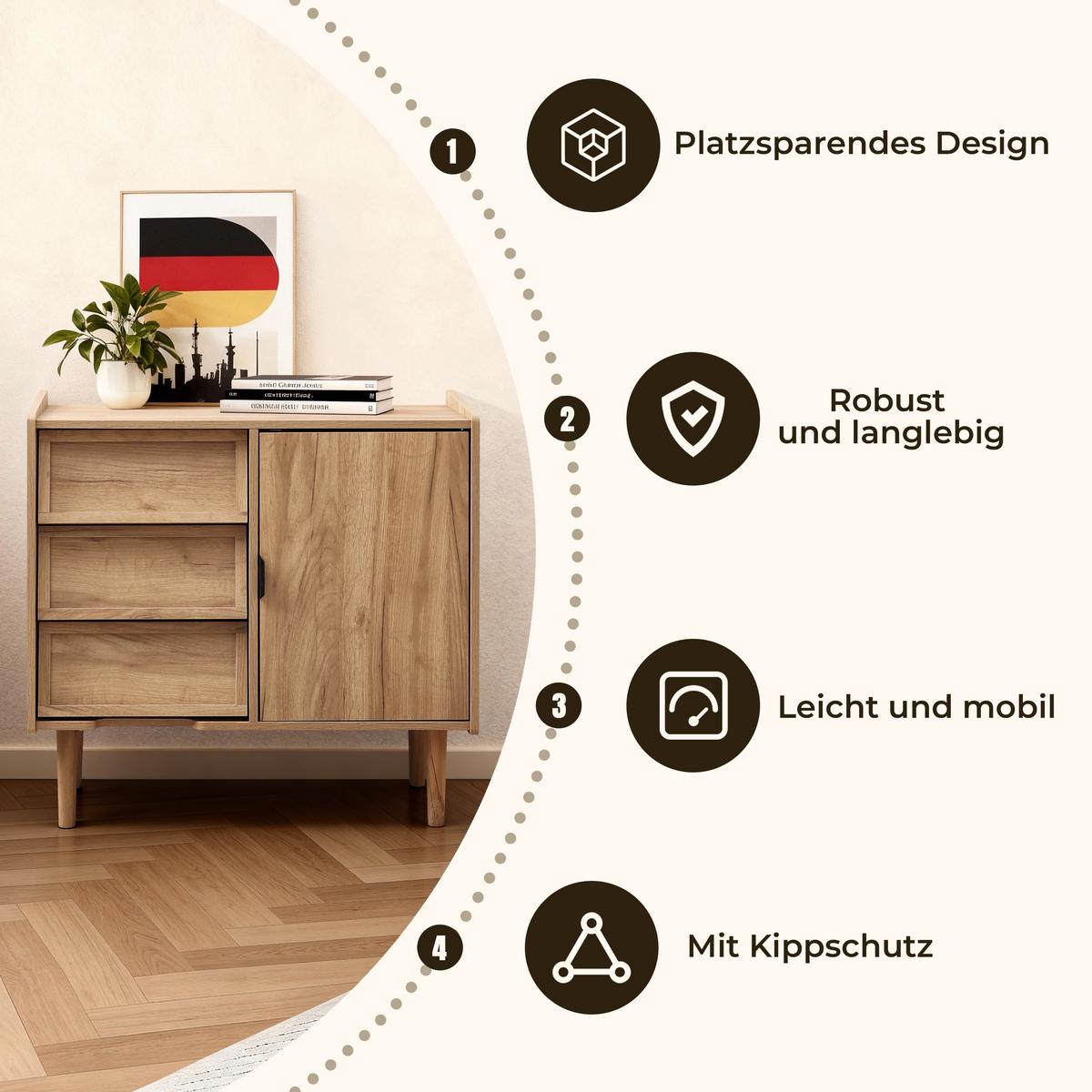 KOMMODE mit 3 Schubladen und Tür - Braun, Holz/Holzwerkstoff (80/74/39cm) - Hometopia