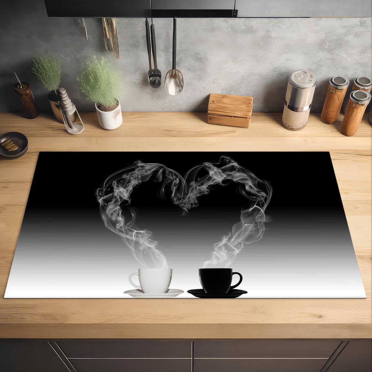 HERDABDECKPLATTE Kaffee - Herz - Schwarz und weiß - Tassen Induktionsschutz 91.2x52 cm - Weiß, Kunststoff (91.2/52/0.2cm) - MuchoWow