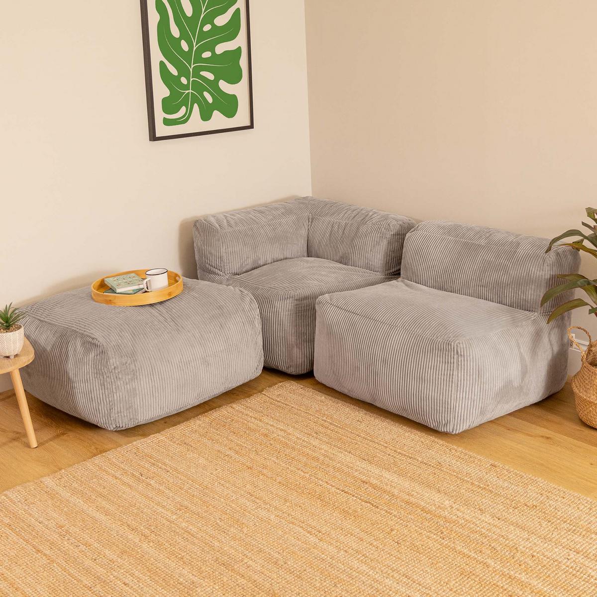 SITZSACK-SOFA 3-tlg. ZEN: Ecksessel, Sessel, Fußstütze - Grau, Textil (290/68/100cm) - icon