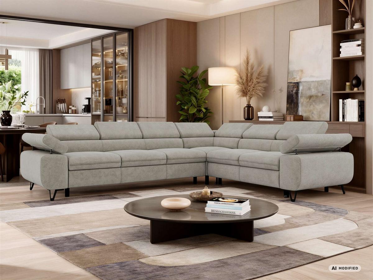 ECKSOFA NORDEN L - Hellgrau Stukture - Links Seite - Hellgrau/Schwarz, Textil/Metall (269/329cm) - MKS