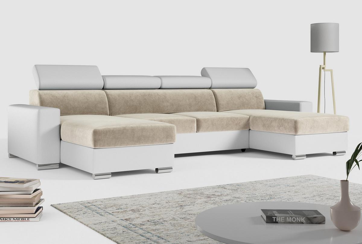 WOHNLANDSCHAFT FOX U Beige/Weiß - Velvet/Kunstleder - Beige/Silberfarben, Kunststoff/Textil (306/98/168cm) - MKS
