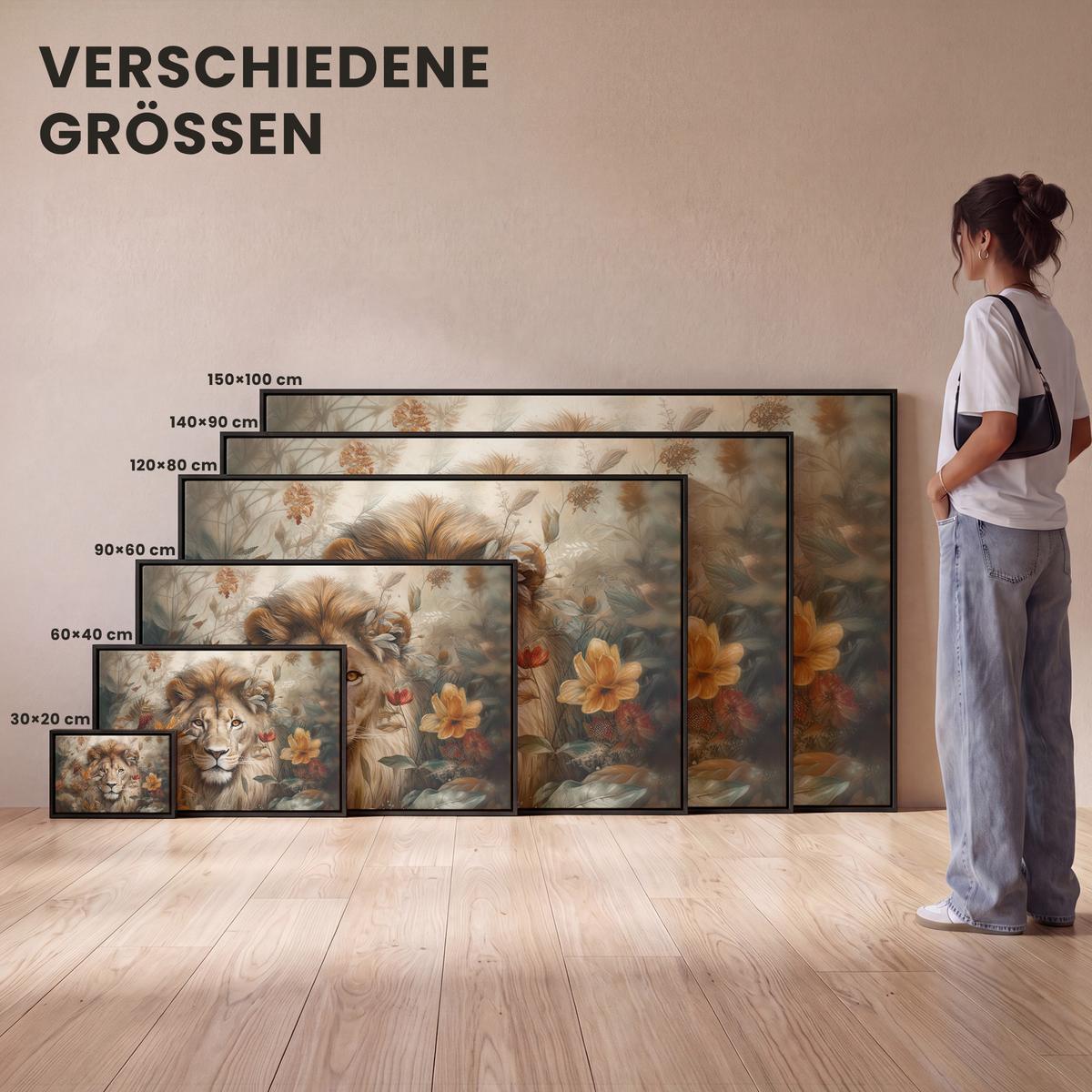 LEINWAND Bilder mit Rahmen - Löwe - Wildtiere - Pflanzen - Natur - Blumen - 30x20 - Beige, Textil (30/20cm) - MuchoWow