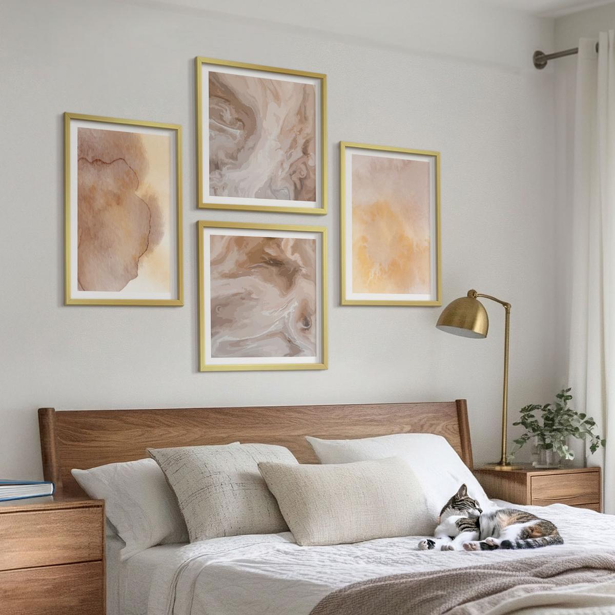 BILDER SET 4er Set - 50x50 cm & 40x60 cm Goldrahmen - Warme Aquarellfarben auf Leinwand - Goldfarben, Kunststoff (50/50cm) - TULUP