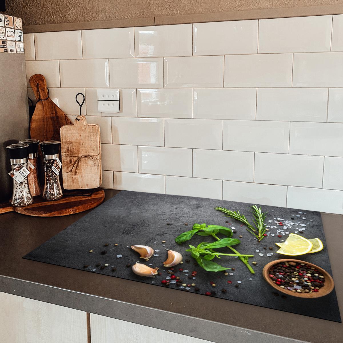HERDABDECKPLATTE Limette - Kräuter - Gewürze - Grün - Grau - Beton Herdabdeckung Induktionsfeld 75x52 cm - Grün, Kunststoff (75/52/0.2cm) - MuchoWow