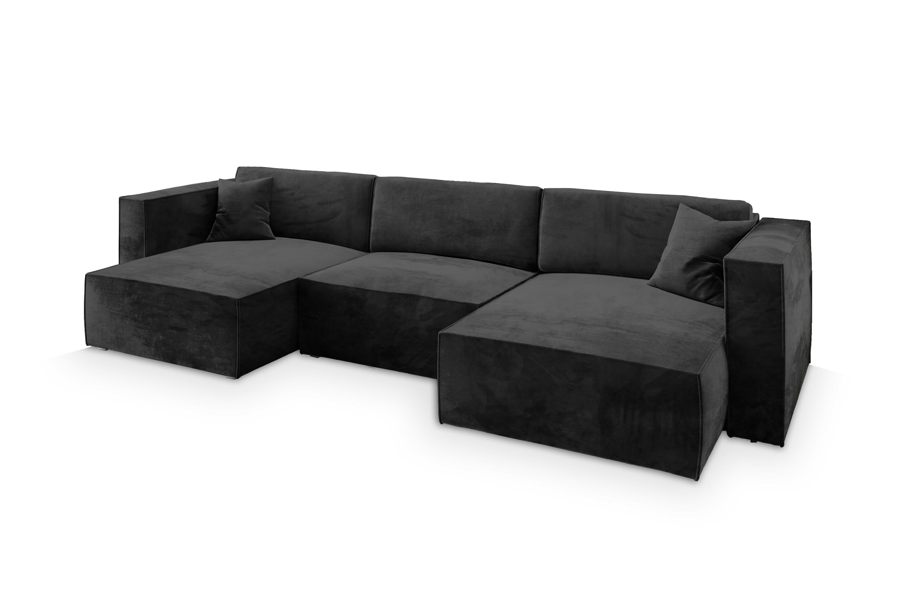 WOHNLANDSCHAFT SARMO M Schwarz Velours-Stoff mit Schlaffunktion - Schwarz/Grau, Holz/Kunststoff (347/70/148cm) - MASSENO