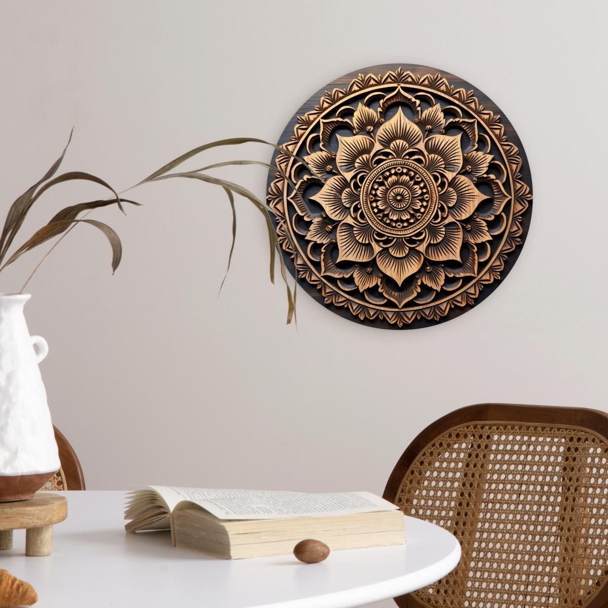 WANDBILD Mandala - Holz - Blumen - Braun Deko Wohnzimmer 30x30 cm - Gelb, Kunststoff (30/30cm) - MuchoWow