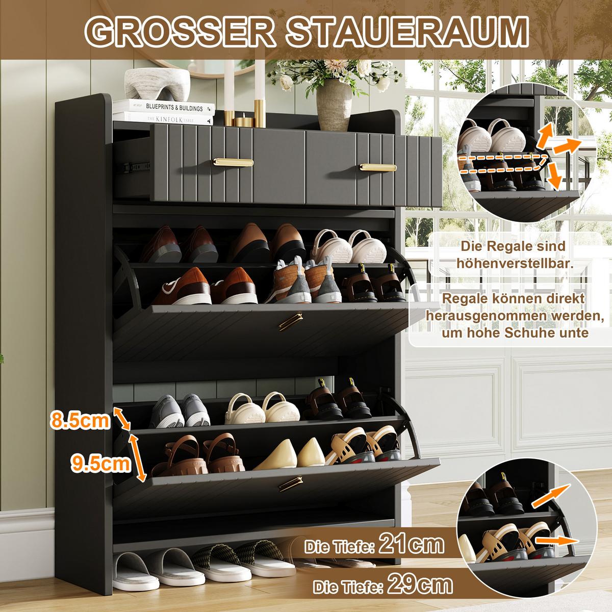 SCHUHSCHRANK Schmal mit 2 Klappfächern & Schubladen Modern - Schwarz, Holzwerkstoff (75/108.5/24cm) - Urban Meuble