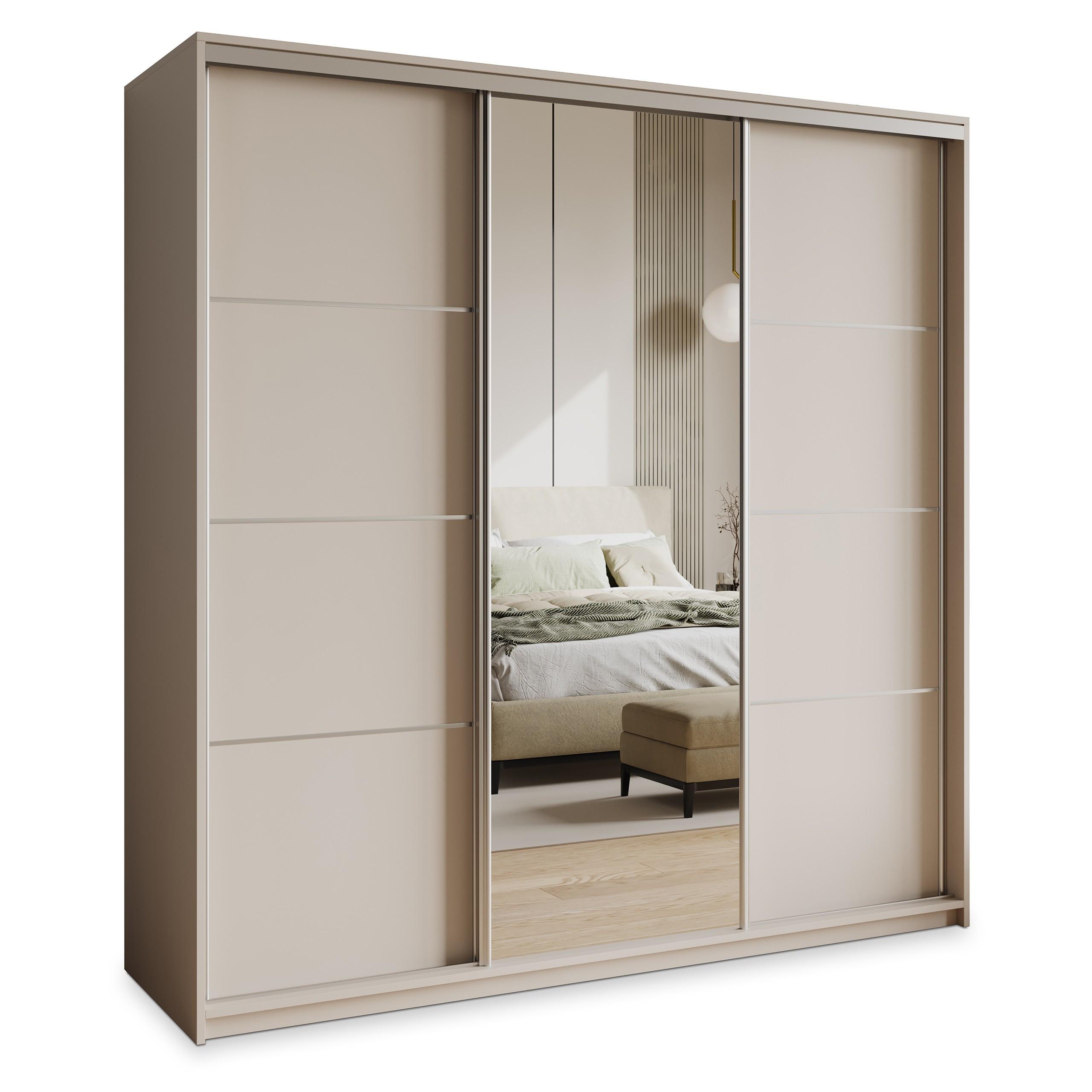 SCHWEBETÜRENSCHRANK VARO 180/205/60 cm 3-türig mit Spiegel und Schubladen Kaschmir - Kaschmir/Nickelfarben, Holzwerkstoff (180/205/60cm) - MASSENO
