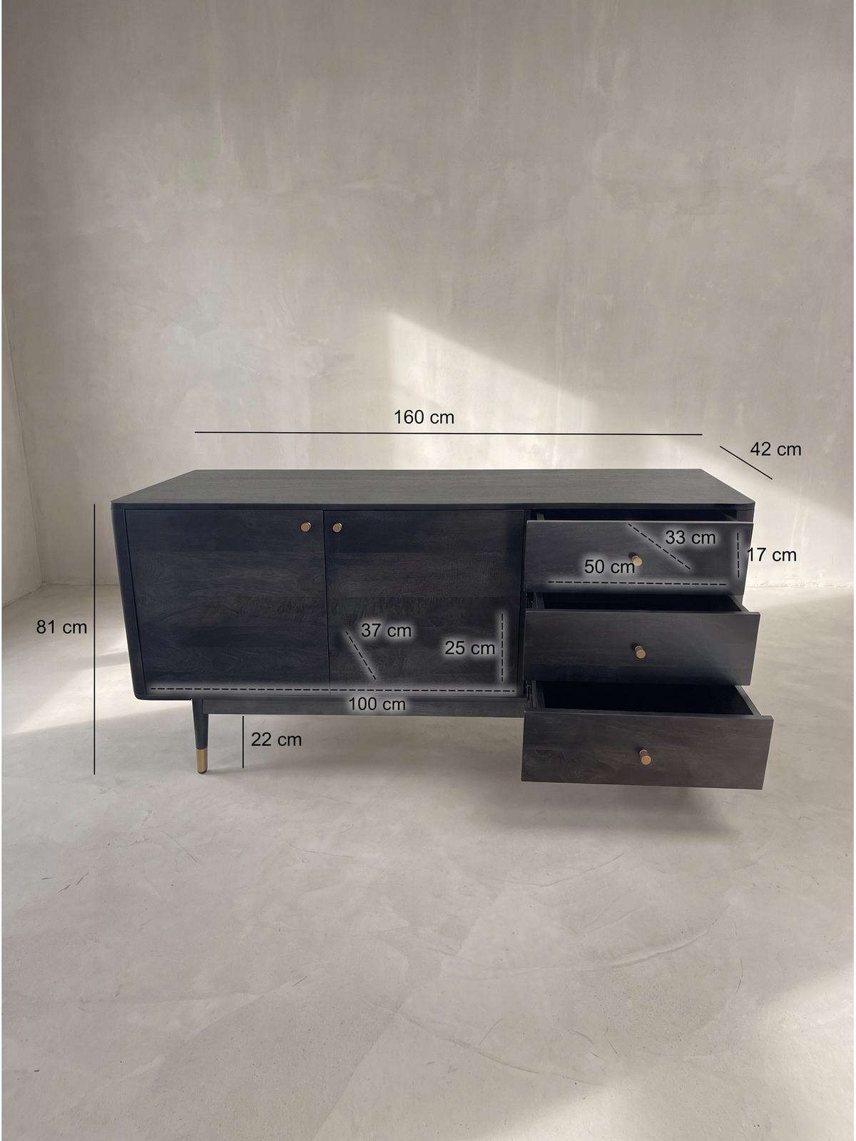 KOMMODE PANAREA, Akazie Massivholz, mit Stauraum, Schwarz, 160 x 42 x 81 cm - Schwarz, Holz/Metall (160/81/42cm) - KADIMA DESIGN