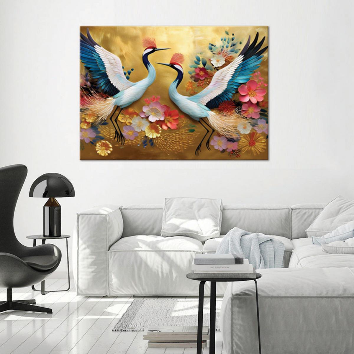 WANDBILD kraniche blumen auf goldenem hintergrund - Multicolor, Textil (60/40cm) - Feeby