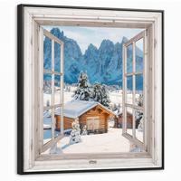 LEINWAND Bilder mit Rahmen - Winterlandschaft - Hütte - Berge - Ausblicke - Aussicht - Natur - 90x90 - Weiß Hochglanz, Textil (90/90cm) - MuchoWow