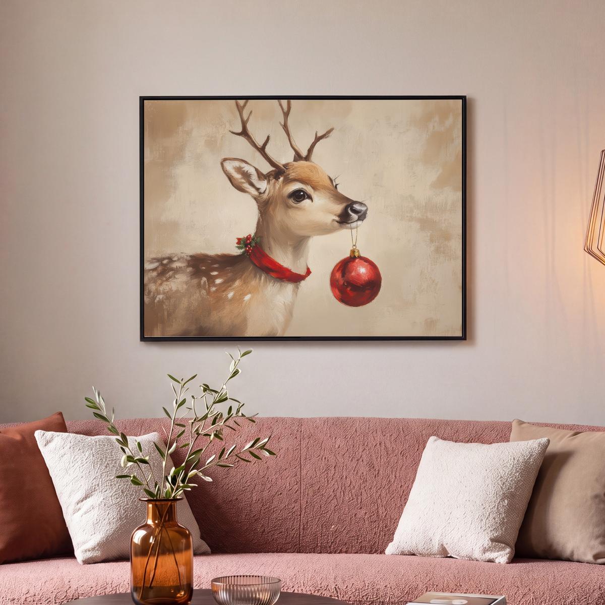 LEINWAND Bilder mit Rahmen - Weihnachten - Hirsch - Geweih - Weihnachtskugel - Rentier - 70x50 - Hellbraun, Textil (70/50cm) - MuchoWow