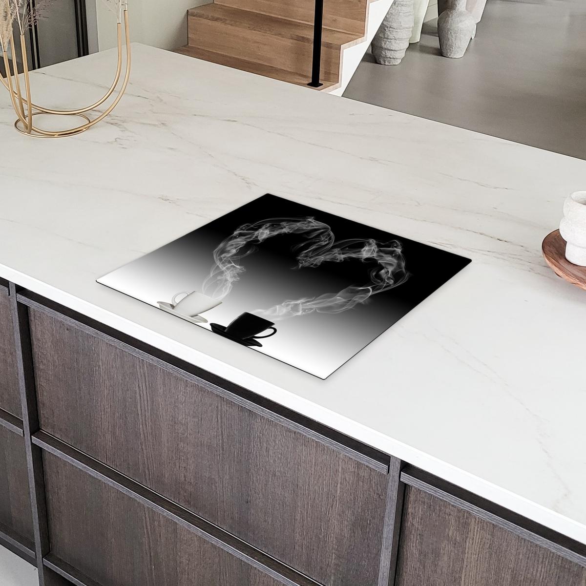 HERDABDECKPLATTE Kaffee - Herz - Schwarz und weiß - Tassen Abdeckung Ceranfeld 59x51 cm - Weiß, Kunststoff (59/51/0.2cm) - MuchoWow