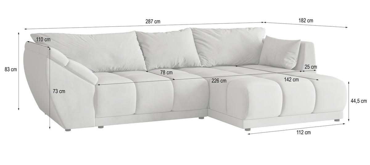 ECKSOFA ORENTI L-S Grau Velours-Stoff mit Schlaffunktion - Grau, Holz (287/182cm) - MASSENO