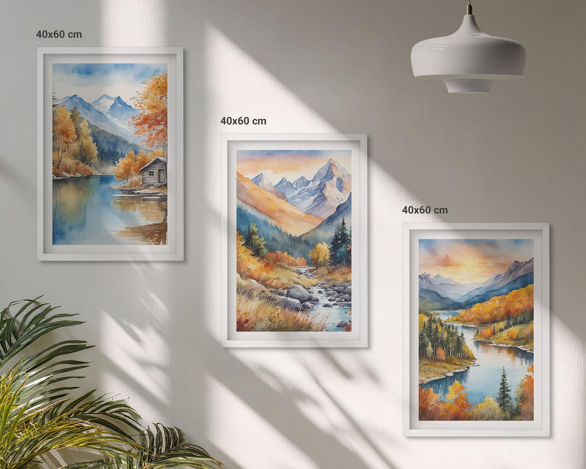 BILDER SET 3er Set - 40x60 cm Weißer Rahmen - Berglandschaft, Fluss, Herbst - Weiß, Kunststoff (40/60cm) - TULUP