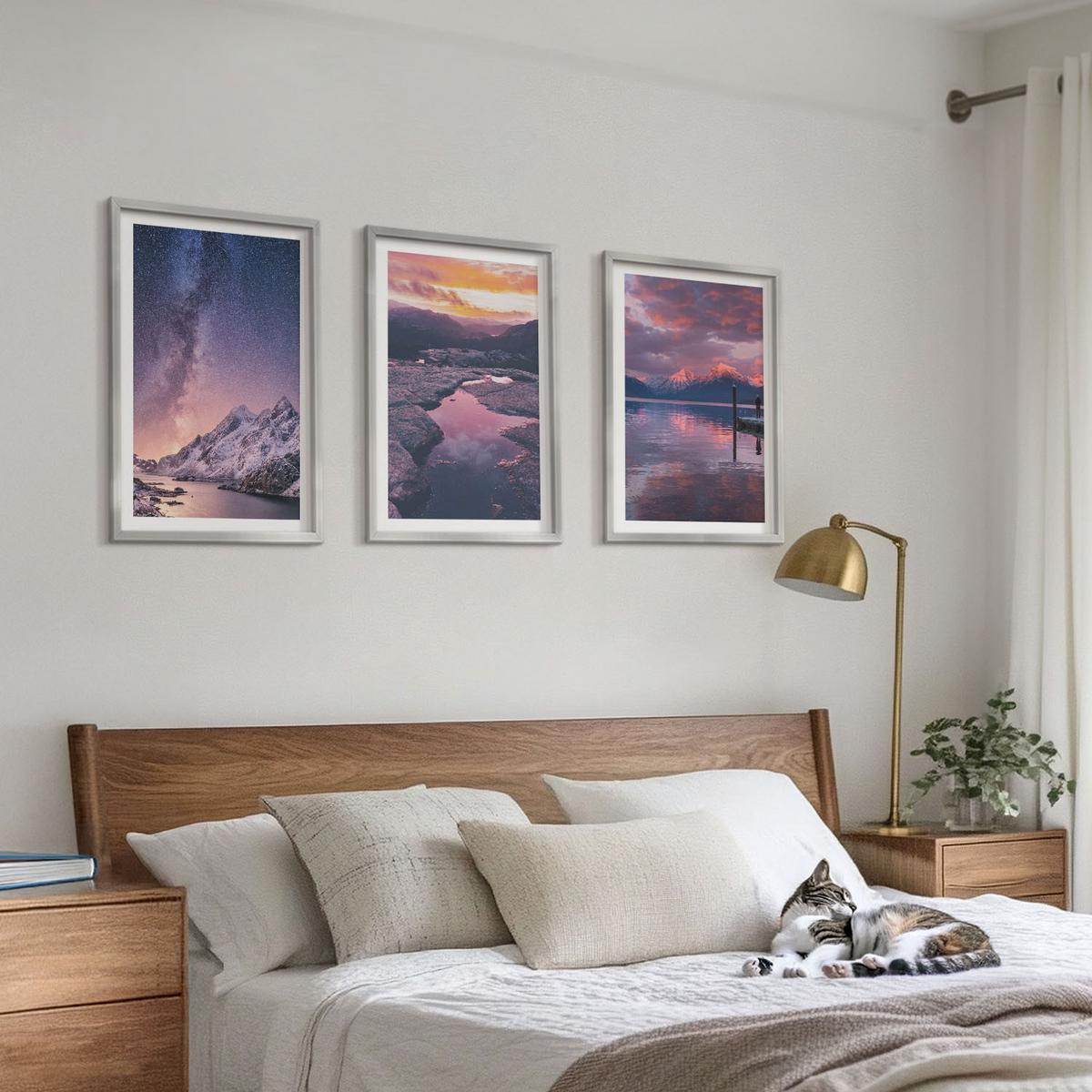 BILDER SET 3er Set - 40x60 cm Silberner Rahmen - Berge, Wasser, wunderschöne Landschaften - Silberfarben, Kunststoff (40/60cm) - TULUP