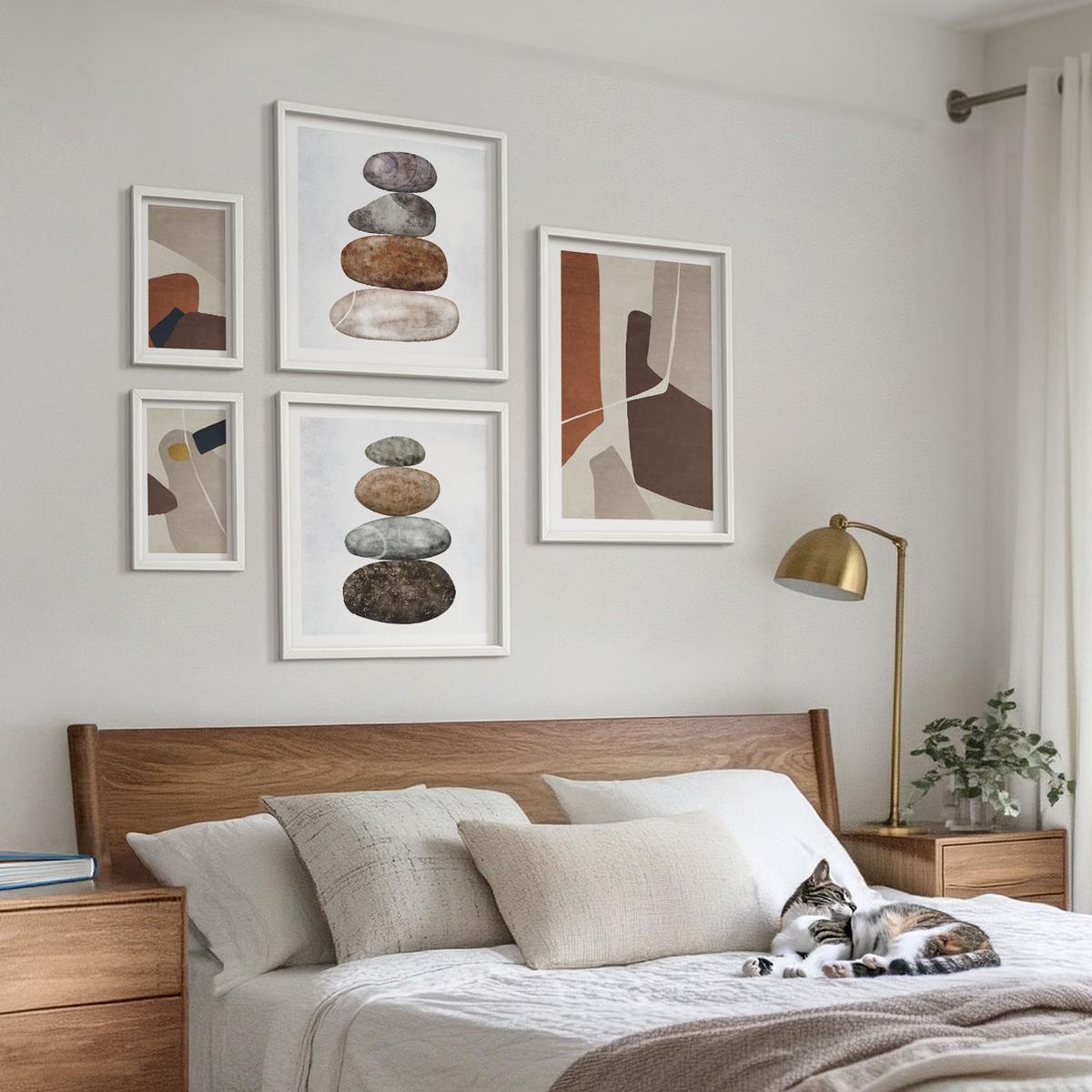 BILDER SET 5er Set - 50x50 cm & 20x30 cm & 40x60 cm Weißer Rahmen - Abstrakte Boho-Formen - Weiß, Kunststoff (40/60cm) - TULUP