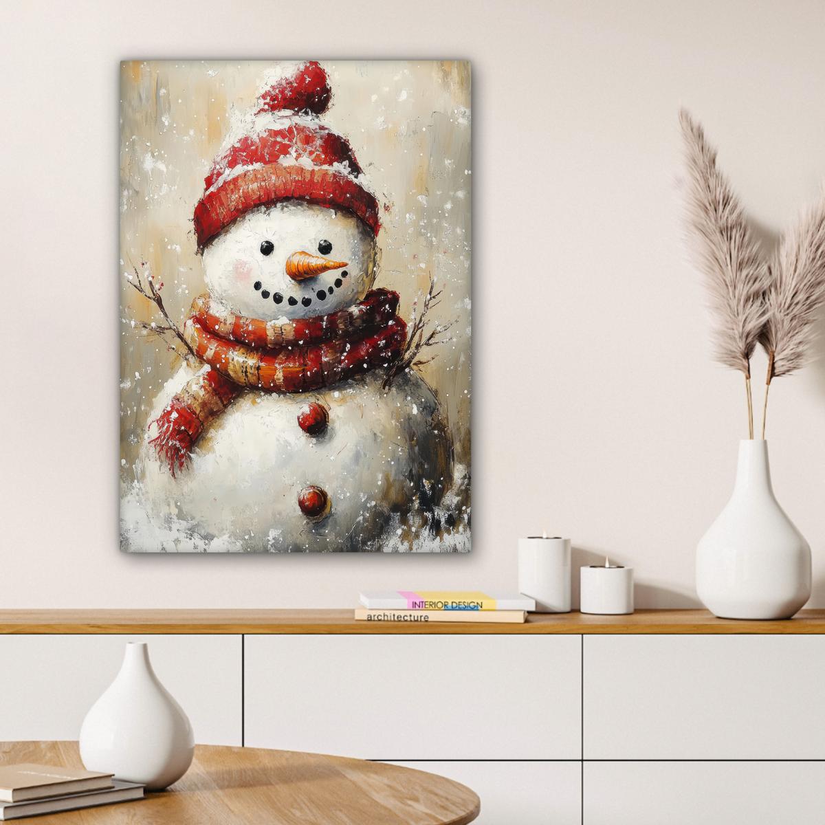LEINWANDBILD Schneemann - Winter - Schnee - Beige Wandbild Wohnzimmer 60x80 cm - Weiß, Textil (60/80cm) - MuchoWow