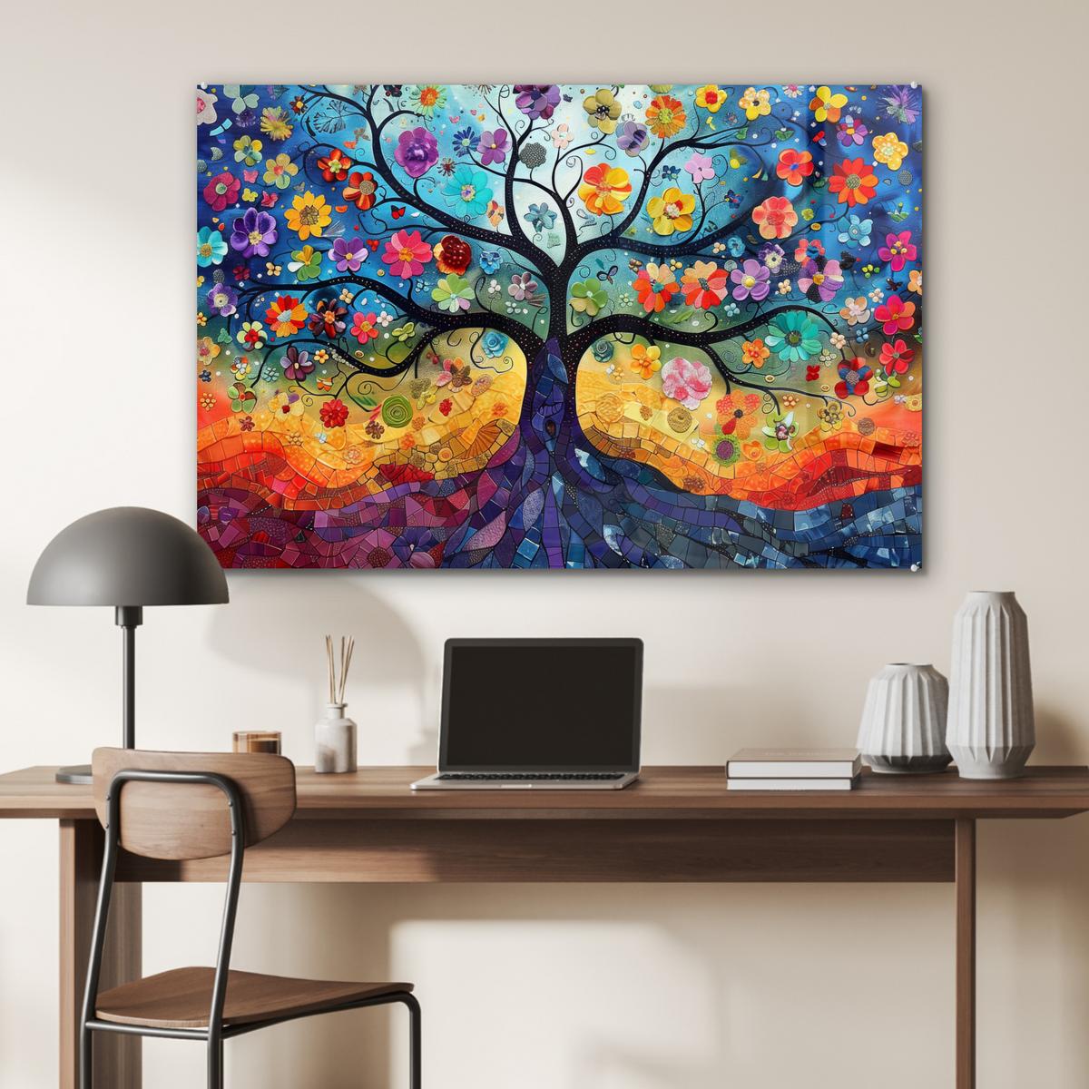 ACRYLGLASBILD Kunst - Baum des Lebens - Blumen - Hippie Room Decor 90x60 cm - Dunkelblau, Glas (90/60cm) - MuchoWow