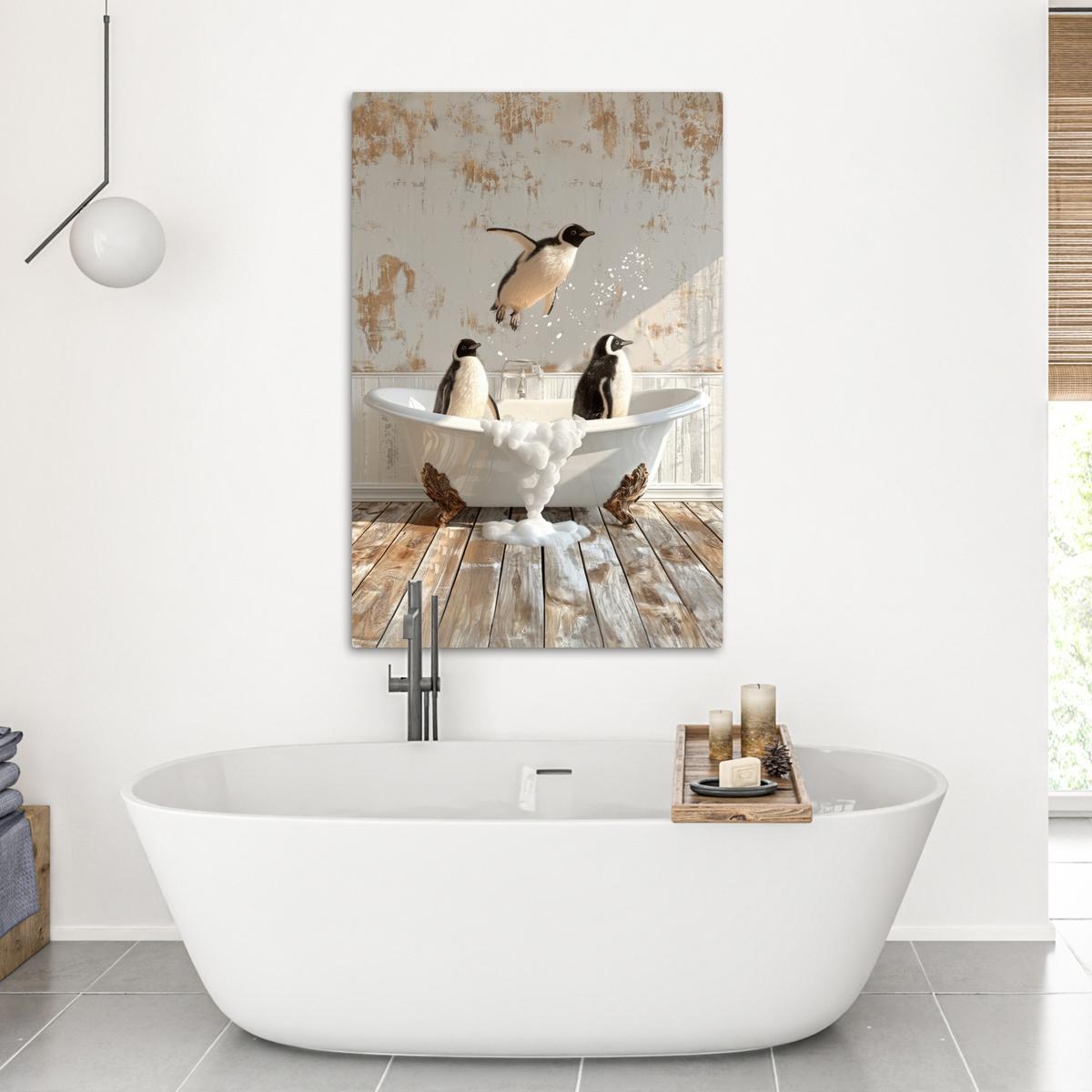 LEINWANDBILD Vintage - Pinguin - Badewanne - Schaumstoff Deko XXL 80x120 cm - Schwarz, Textil (80/120cm) - MuchoWow