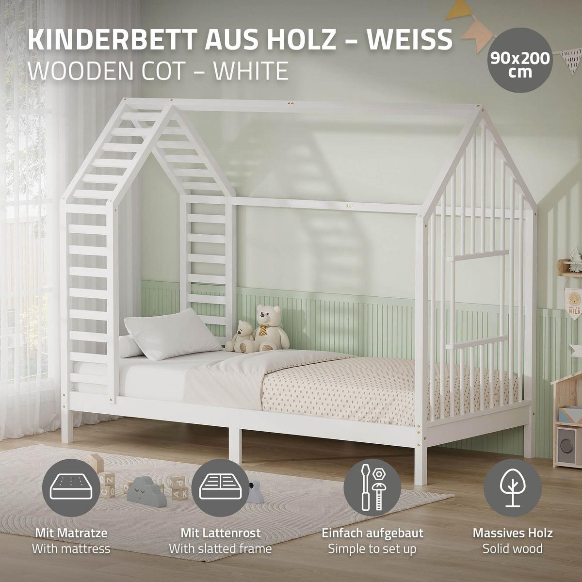 KINDERBETT 90x200 cm mit Matratze Lattenrost & Dach Hausbett aus massivem Kiefernholz Weiß - Weiß, Holz (90/200cm) - ML-DESIGN