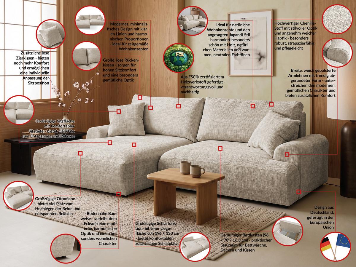 ECKSOFA Melvano mit Schlaffunktion und Bettkasten im Japandi-Stil aus weichem Dunkelbeige Chenille-Stoff - Beige/Schwarz, Holz/Kunststoff (145/240cm) - S-Style