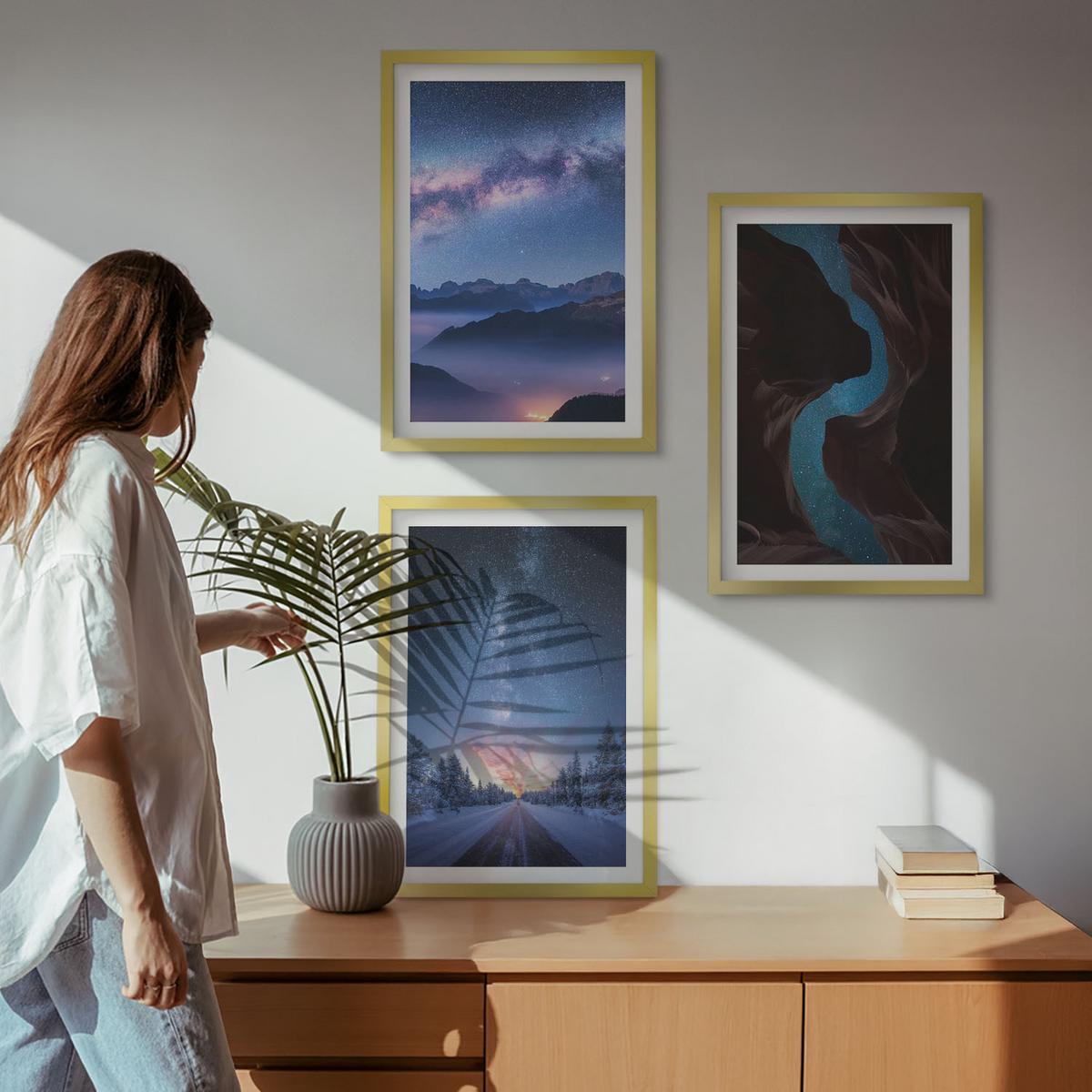 BILDER SET 3er Set - 40x60 cm Goldrahmen - Nachthimmel, Berge, Winterlandschaft - Goldfarben, Kunststoff (40/60cm) - TULUP