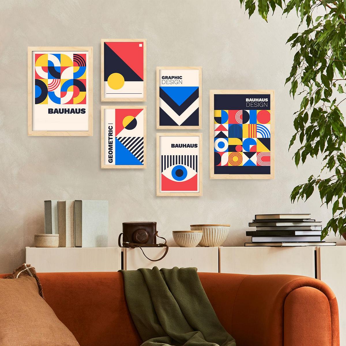 POSTER Set Mit 6 Drucken Im Bauhaus 4 Geometrische Designkollektion Drucke Mit Ästhetische Dekorative Für Zuhause A3 & A4 Rahmen Aus Hellem Holz - Beige, Papier (29/3cm) - Nacnic