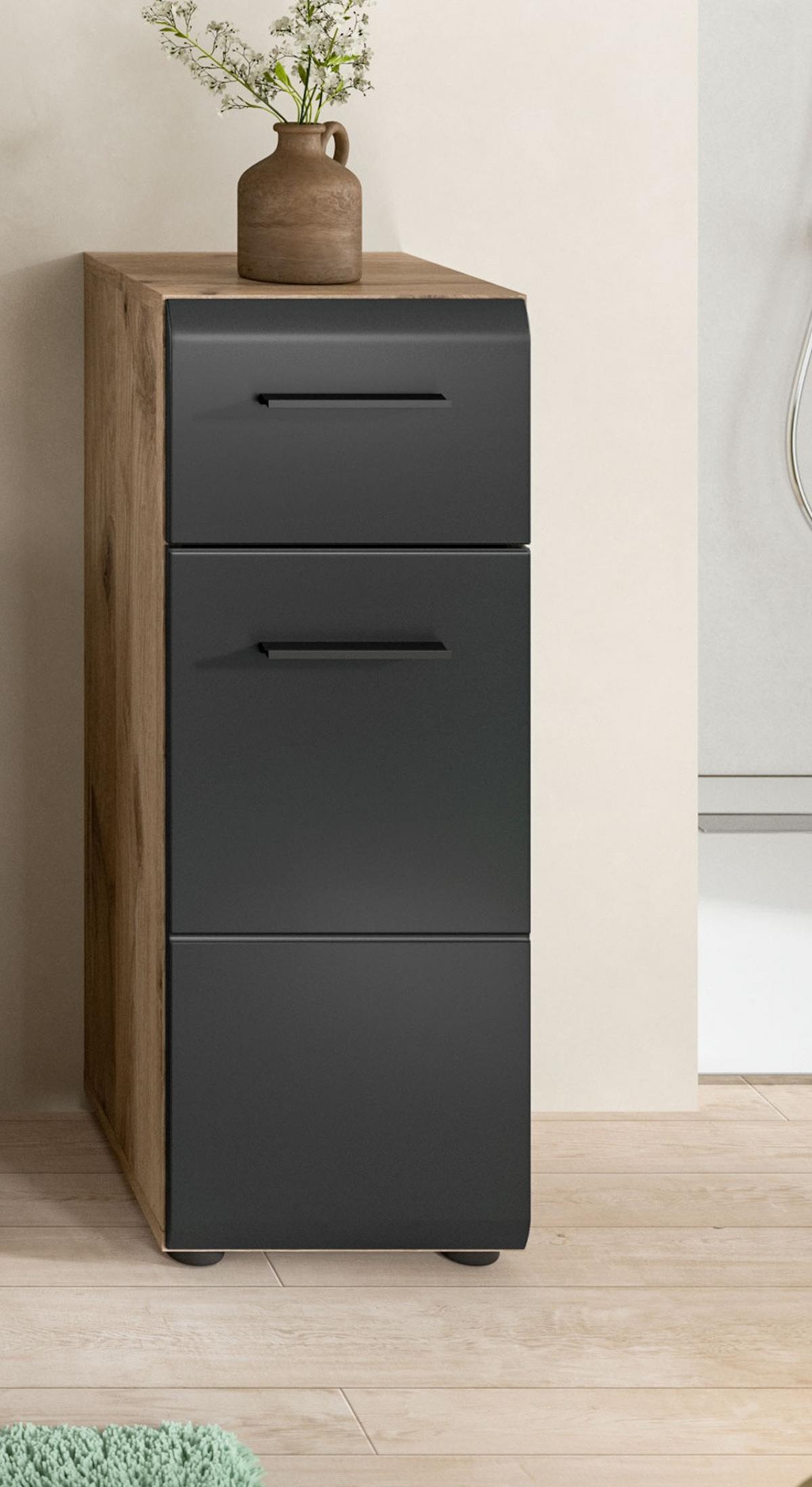 MIDISCHRANK schwarz matt, Eiche Nox, Bad Kommode 30 x 80 cm mit Vollauszug - Eichefarben/Schwarz, Holzwerkstoff/Kunststoff (30/80/30cm) - Inn.Furn