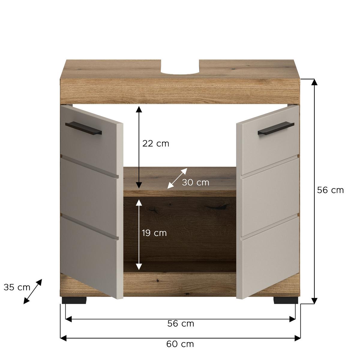 WASCHBECKENUNTERSCHRANK Eiche mit Sand / Kaschmir, Badschrank Breite 60 cm - Kaschmir/Eichefarben, Holzwerkstoff/Kunststoff (60/56/34cm) - Inn.Furn